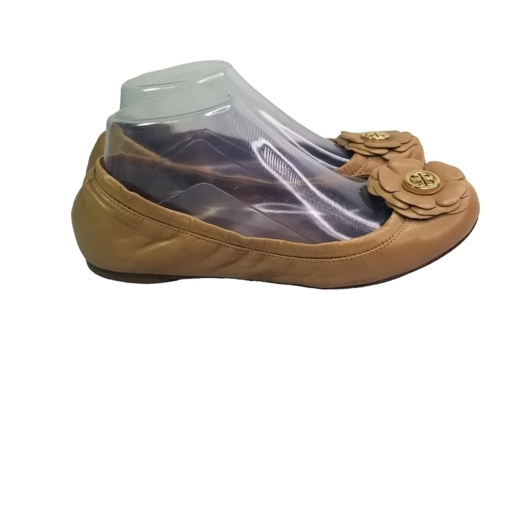 Tory Burch Shelby tan leather ballet slip on flats